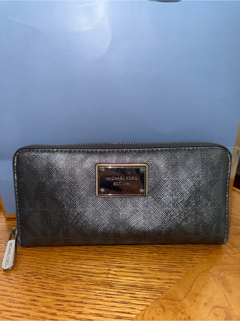 Michael Kors Metallic Gunmetal Logo Zip Around Wallet